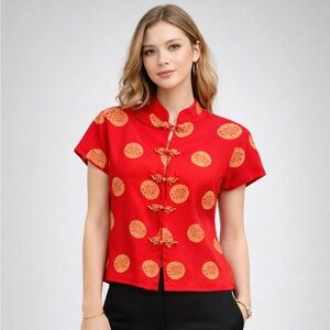 Rich Red Silk Brocade Mandarin Collar Frog Closure Y2K Oriental Top XXL NWT